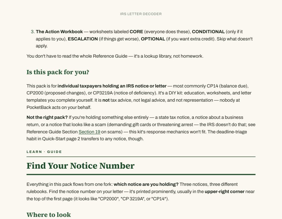 A real worksheet page from the IRS Letter Decoder Pack