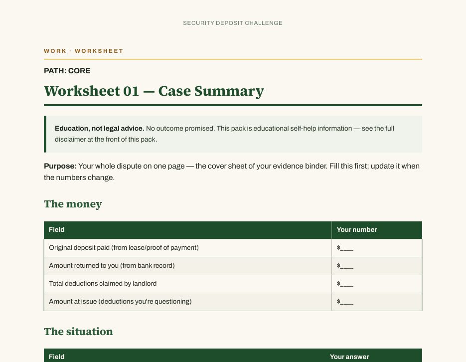 A real worksheet page from the Rental Security Deposit Deduction Dispute Kit
